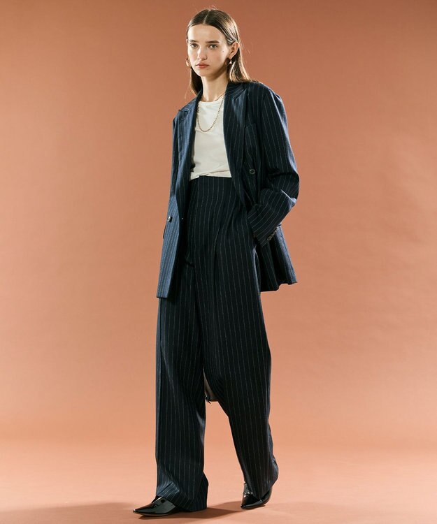 BEIGE， DELAND / ウールピンストライプハイウエストタックパンツ Navy St.