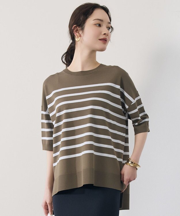 自由区 S クレープストレッチプルオーバー ニットⅡ [新色]カーキ×オフボーダー