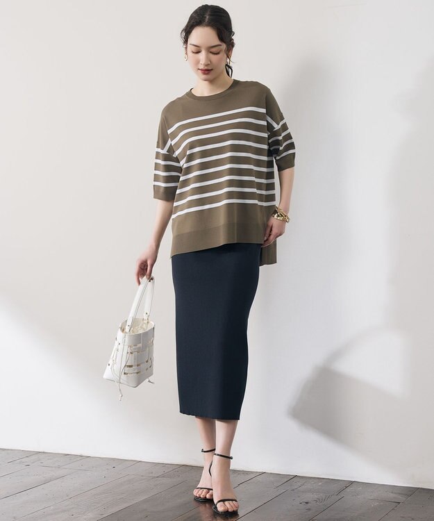 自由区 S クレープストレッチプルオーバー ニットⅡ [新色]カーキ×オフボーダー