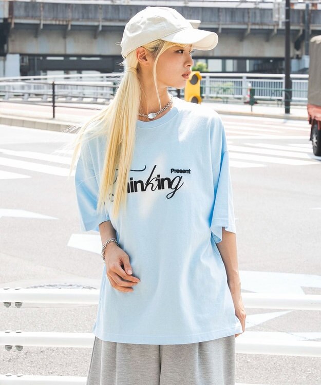 WEGO 【機能T/ユニセックス着用ITEM/MLサイズ展開】接触冷感3D刺繍T(SS) サックス