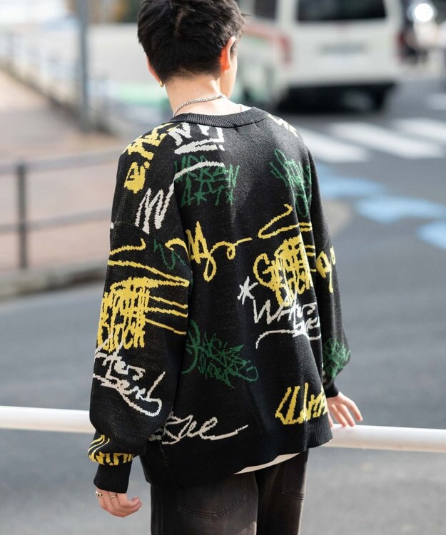 WEGO リラックスフィットパターンカーディガン ブラック