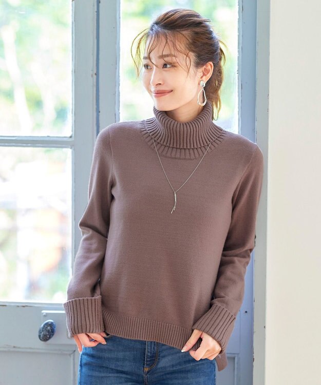 Tiaclasse L 【洗える】もっちり柔らかいリブタートルプルオーバーニット モカ