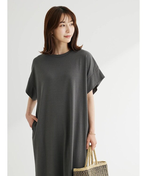 Green Parks 接触冷感　袖切替えカットワンピース Gray