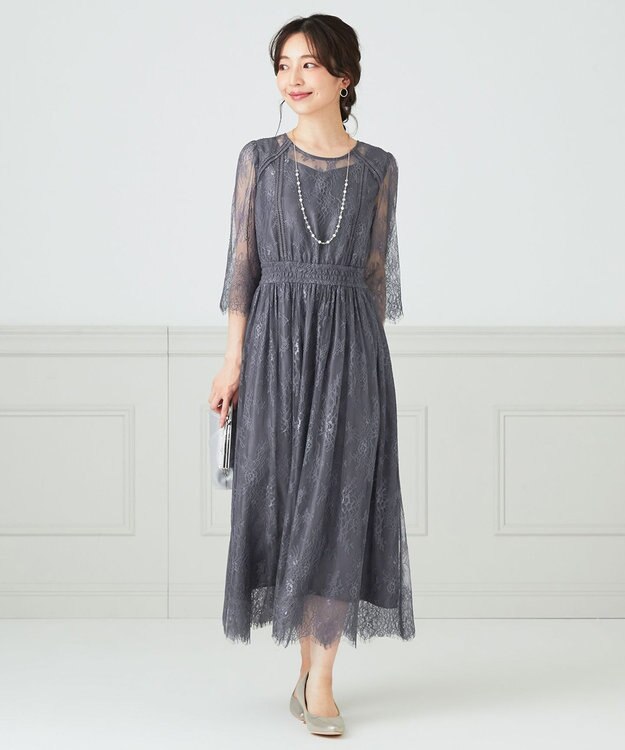 ANY SIS 【洗える】パネルレース ドレス スモーキーブルー