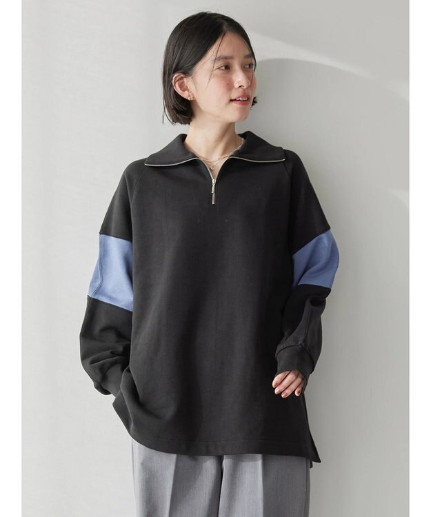 AMERICAN HOLIC ハーフＺＩＰ配色切り替え裏毛チュニック Black