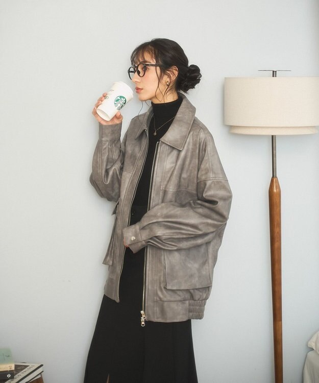 WEGO ヴィンテージライクFレザーブルゾン グレー