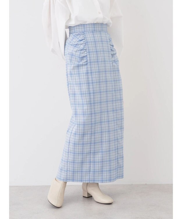 earth music&ecology ギャザーナロースカート Check Blue