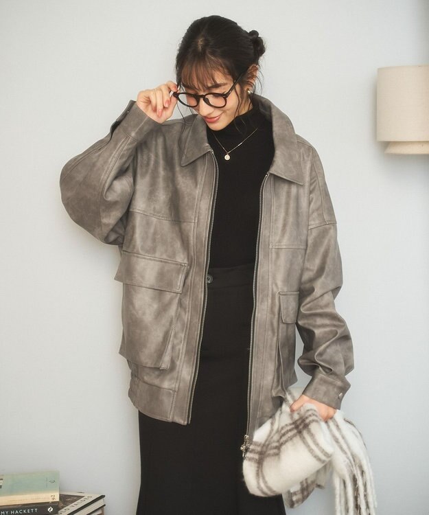 WEGO ヴィンテージライクFレザーブルゾン グレー