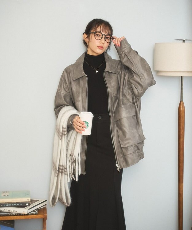 WEGO ヴィンテージライクFレザーブルゾン グレー