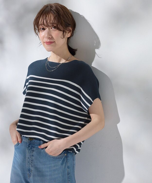 ANY 【新色追加/14色展開】アクリルガーターフレンチスリーブニット ネイビー×オフ