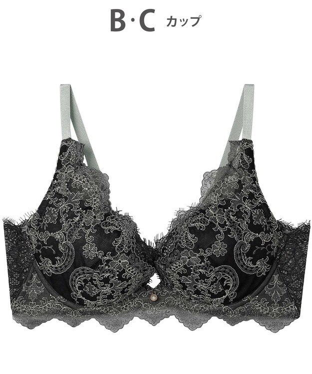 AMPHI ブラジャー 谷間メイク 脇高設計 細身え効果 Gカップまで対応 大きいサイズ 【Glama-Rich グラマリッチ 脇スッキリタイプ】ブラ BYJ603 アンフィ／ワコール ブラック