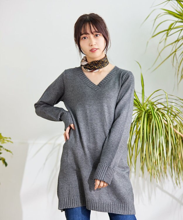 Tiaclasse L 【洗える】Vネックリブニットチュニック グレー
