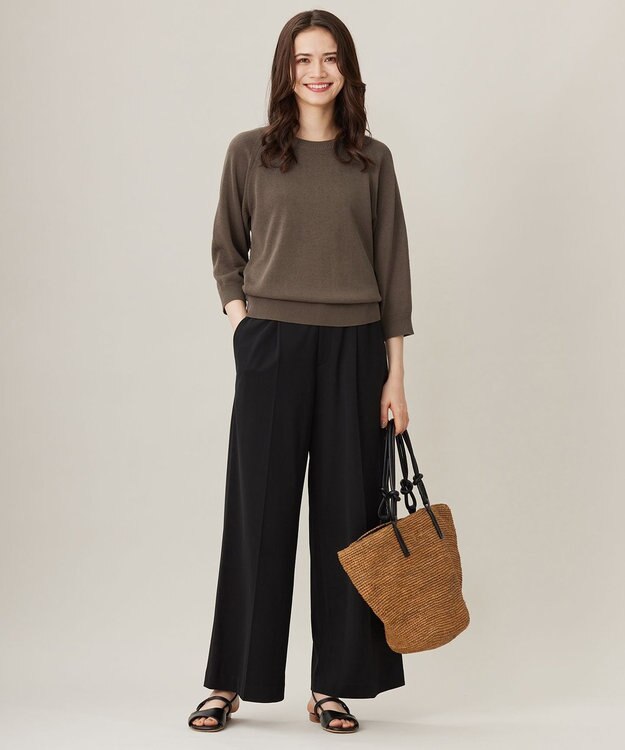 自由区 【洗える】ライトフィールジャージータックワイド パンツ ブラック