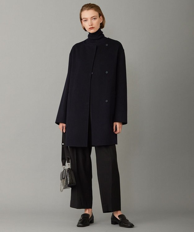 ICB ウールリバー ストール付きノーカラーコート ネイビー系