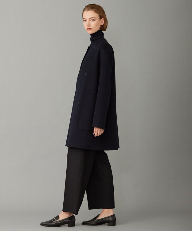 ICB ウールリバー ストール付きノーカラーコート ネイビー系