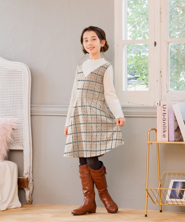 組曲 KIDS 【150-160㎝】チェック ワンピース クリーム系