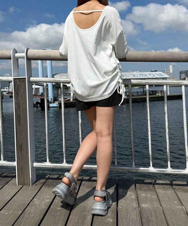 WEGO 【ラッシュガード/吸水速乾/UVカット/日焼け対策/体型カバー】リブドロストデザイントップス ホワイト