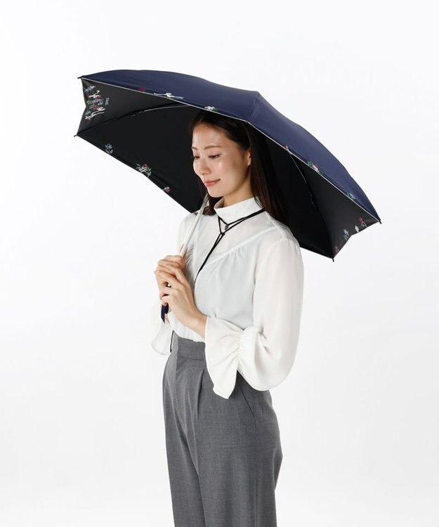 AURORA NINA RICCI（ニナリッチ）花柄刺繍晴雨兼用パラソル（折りたたみ傘） ネイビー