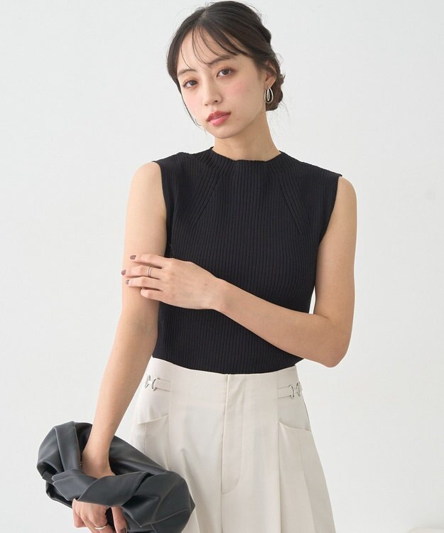 earth music&ecology ランダムリブボトルネックノースリーブニット Black