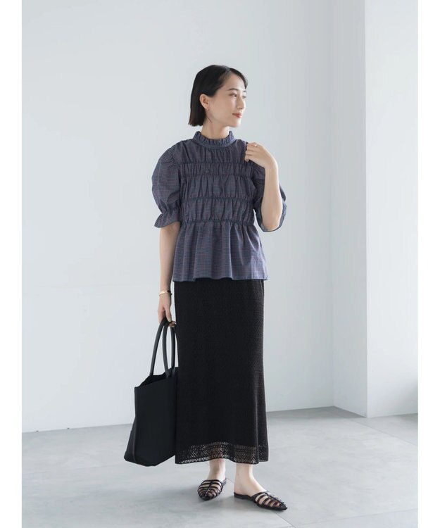 Te chichi スタンドフリルシャーリングブラウス ネイビー