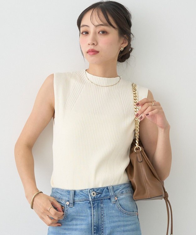 earth music&ecology ランダムリブボトルネックノースリーブニット Ivory