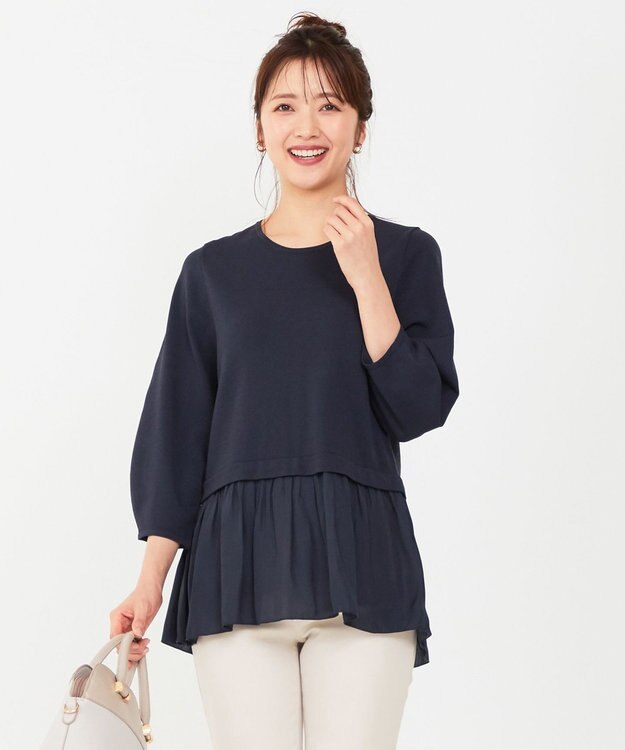 ANY SIS 【洗える】ファブリックコンビ ニット ネイビー