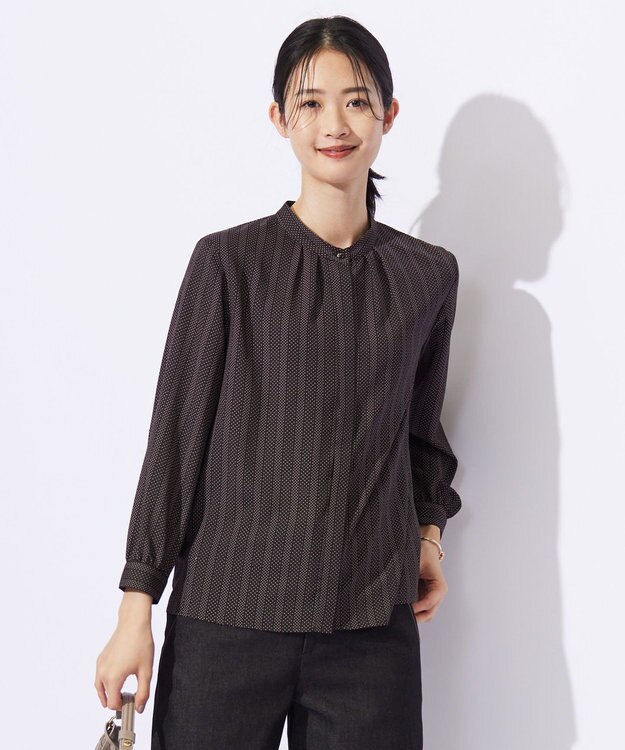 J.PRESS LADIES S 【洗える】ドットデシンプリント ボウタイ バンドカラー ブラウス ダークブラウン系