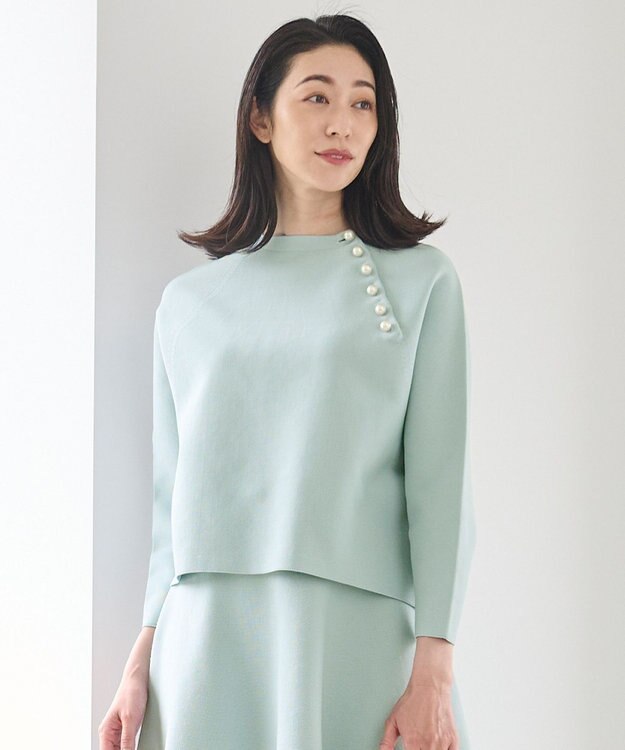 自由区 L ポリエステルホールガーメントラグランボタン ニット ライトグリーン系