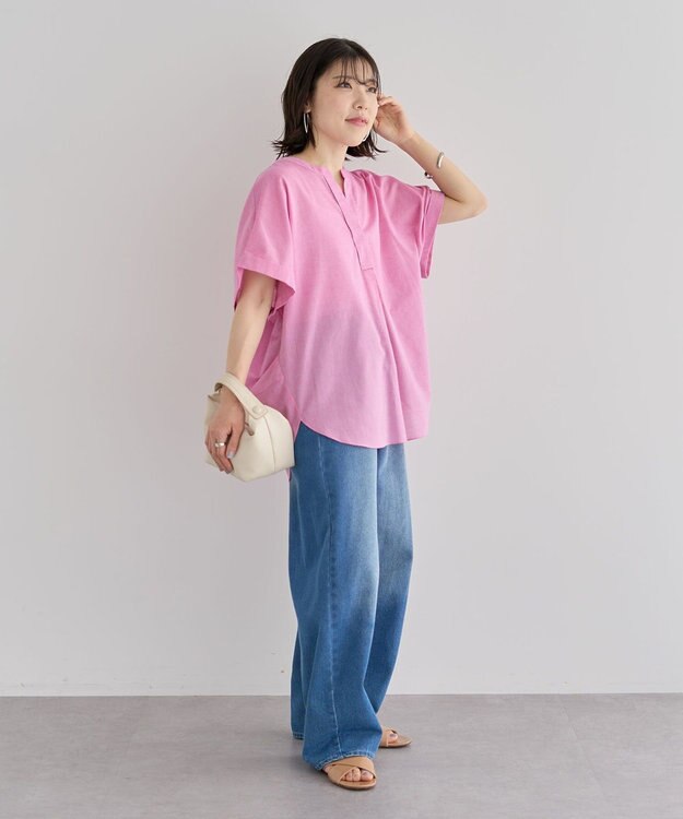 Green Parks 綿麻混フレンチスリーブスキッパーシャツ Pink