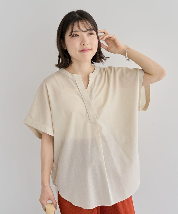 Green Parks 綿麻混フレンチスリーブスキッパーシャツ Light Beige