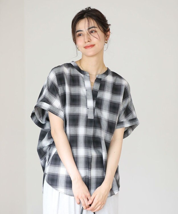 Green Parks 綿麻混フレンチスリーブスキッパーシャツ Check