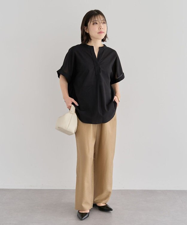 Green Parks 綿麻混フレンチスリーブスキッパーシャツ Black