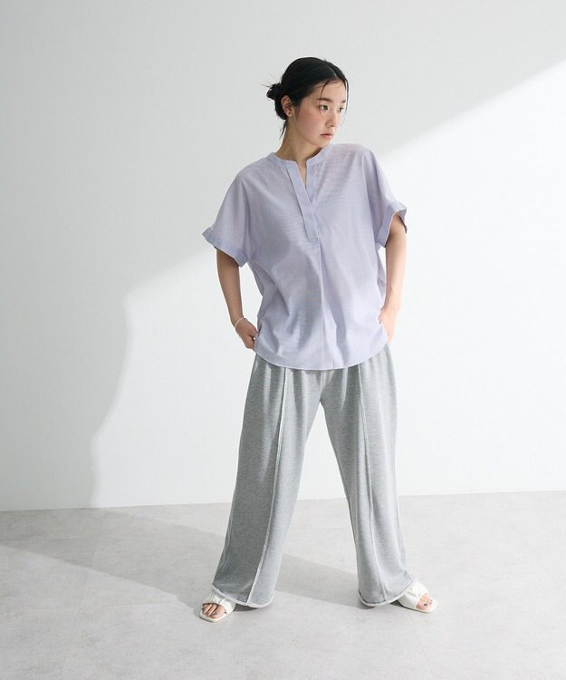 Green Parks 綿麻混フレンチスリーブスキッパーシャツ Stripe