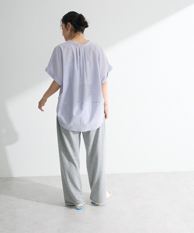 Green Parks 綿麻混フレンチスリーブスキッパーシャツ Stripe