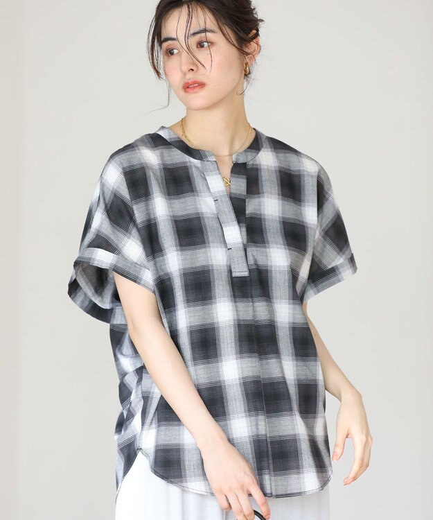 Green Parks 綿麻混フレンチスリーブスキッパーシャツ Check