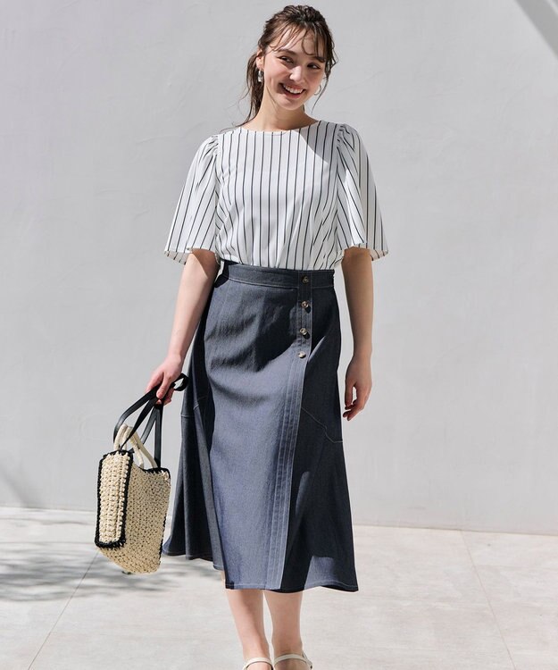 ANY SIS 【接触冷感・吸水速乾・UVケア】エアリードレープスムース フレア袖 ブラウス オフストライプ