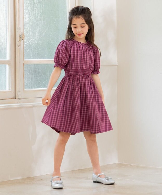 組曲 KIDS 【150-160㎝】チェック ワンピース ラズベリー系3