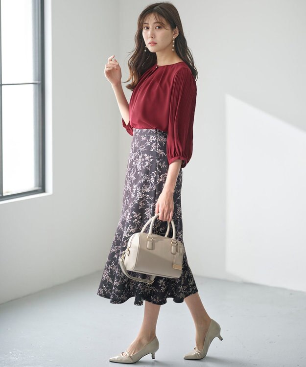 ANY SIS 【洗える】フラワープリントペプラム スカート スレート系