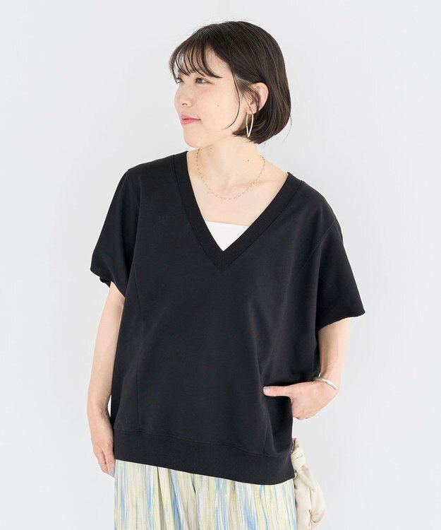 Green Parks 深Ｖネックミニ裏毛フレンチスリーブプルオーバー Black