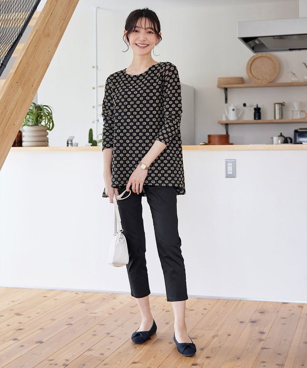 Tiaclasse 【洗える】花柄カットレースフレアトップス ブラック×ベージュ