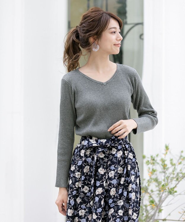Tiaclasse 【洗える】異素材を組み合わせた花柄リブニットコンビワンピース グレー