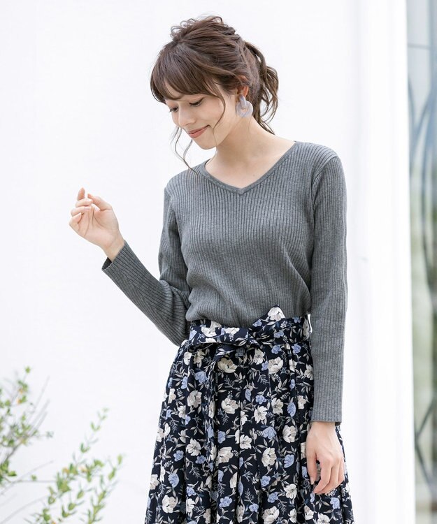 Tiaclasse 【洗える】異素材を組み合わせた花柄リブニットコンビワンピース グレー