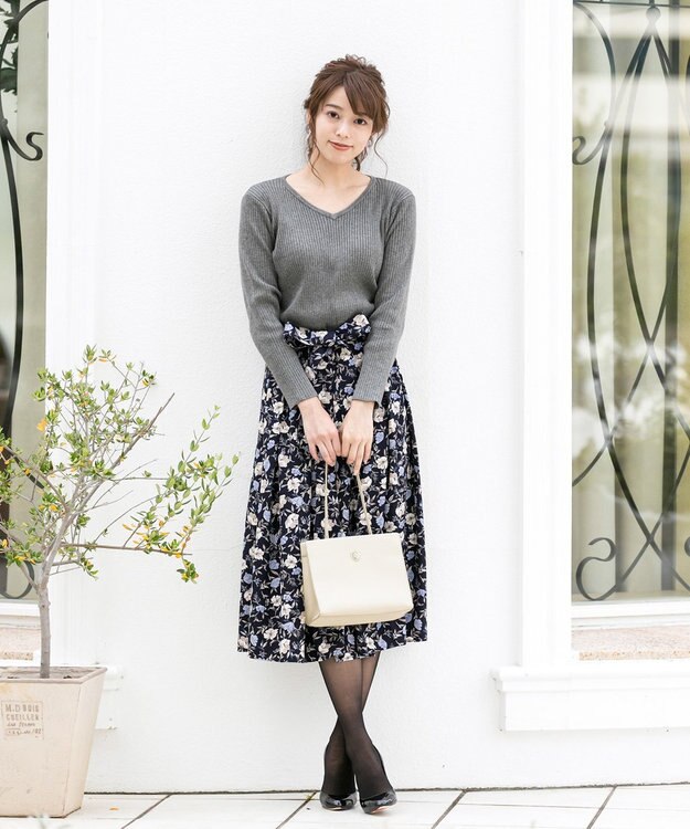 Tiaclasse 【洗える】異素材を組み合わせた花柄リブニットコンビワンピース グレー