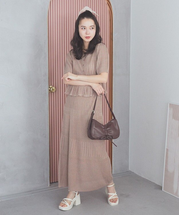 earth music&ecology ＳＥＴ２点レース編みペプラムカーデ＋スカート Pink Beige