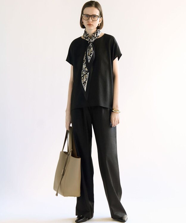 23区 L 【洗える】トリアセスラブストレッチ フレンチスリーブ ブラウス ブラック系