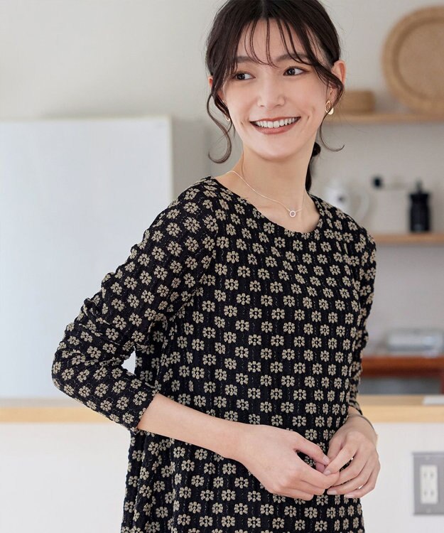 Tiaclasse 【洗える】花柄カットレースフレアトップス ブラック×ベージュ