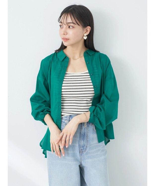 earth music&ecology コットンボイルギャザーシャツ Green