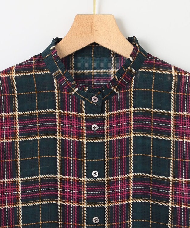 組曲 【洗える】シアーチェック 半袖ブラウス ダークグリーン系5