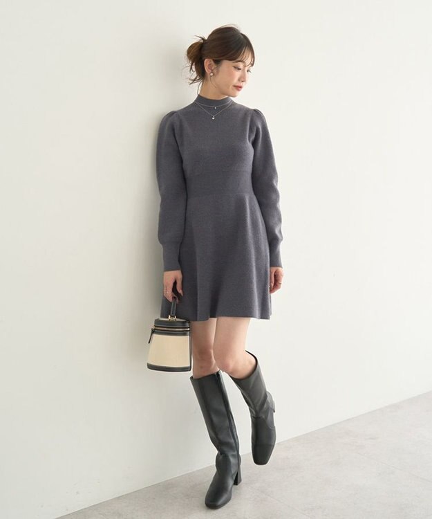 earth music&ecology ウエストリブフレアニットミニワンピース Charcoal Gray