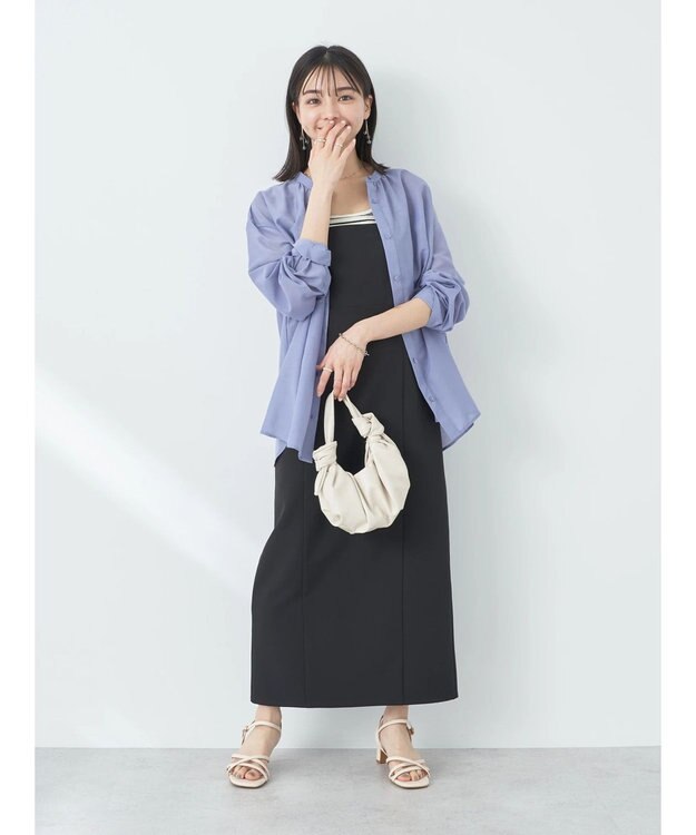 earth music&ecology シアーギャザーネックブラウス Deep Blue